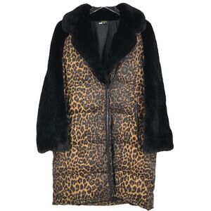 Heurueh Space Suit Puffer Coat L Womens Leopard Faux Fur Colorblock Full Zip